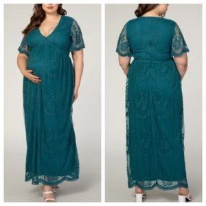 PinkBlush Teal Lace Mesh Overlay Maternity Maxi Dress sz MEDUIM